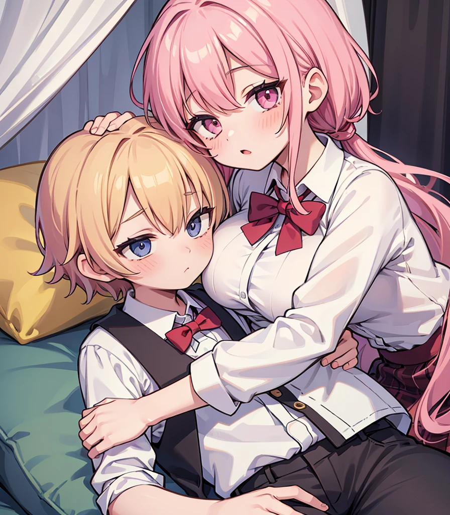 masterpiece, Highest quality, so beautiful, absurdists,High resolution,One girl, One boy,Cuddling in bed, like,sexly,Look at each one, blush,Age difference,bow tie,blondes,chest,Long Hair,Pink Hair,Tucked in shirt,short hair,skirt,Tent shirt,Slut,Big breasted sister and brother,Siblings, trousers,Pushing her big tits against her brother,(My brother&#39;s small erect penis),((((姉のvery huge breasts,Sister crushes her big tits in her brother&#39;s face)))),(((((Very huge breasts))))),(((((small penis,NSFW,Soft Very HUGE breasts))))),((Bursting Breasts,弟の顔を隠すHuge breasts)),((((((((Huge breasts,Large Breasts,とてもLarge Breasts、すごくLarge Breasts、とてつもなくLarge Breasts)))))))),Two people gazing at each other,puffy nipples