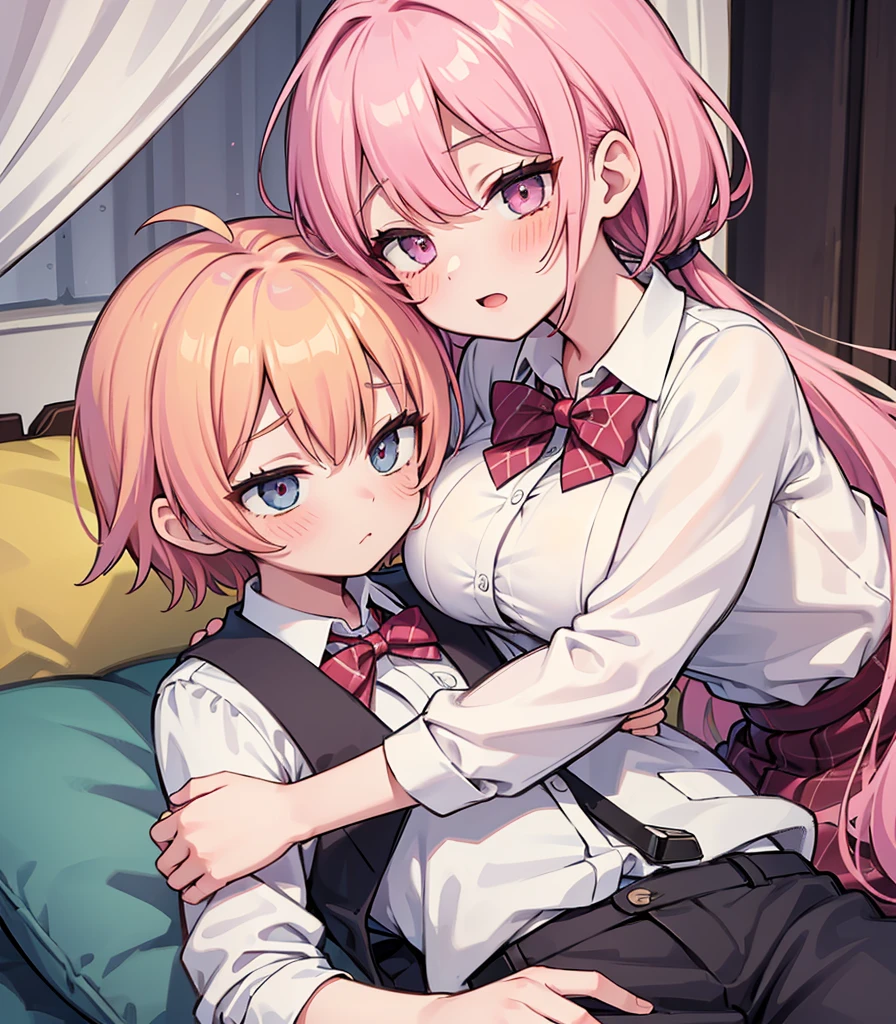 masterpiece, Highest quality, so beautiful, absurdists,High resolution,One girl, One boy,Cuddling in bed, like,sexly,Look at each one, blush,Age difference,bow tie,blondes,chest,Long Hair,Pink Hair,Tucked in shirt,short hair,skirt,Tent shirt,Slut,Big breasted sister and brother,Siblings, trousers,Pushing her big tits against her brother,(My brother's small erect penis),((((姉のvery huge breasts,Sister crushes her big tits in her brother's face)))),(((((Very huge breasts))))),(((((small penis,NSFW,Soft Very HUGE breasts))))),((Bursting Breasts,弟の顔を隠すHuge breasts)),((((((((Huge breasts,Large Breasts,とてもLarge Breasts、すごくLarge Breasts、とてつもなくLarge Breasts)))))))),Two people gazing at each other,puffy nipples