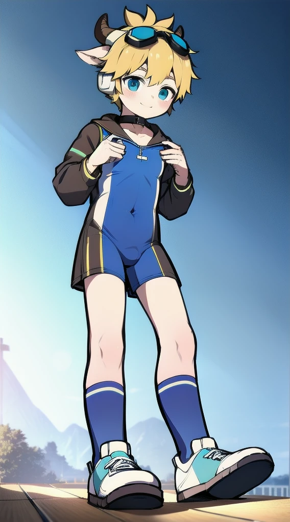 Two-dimensional boy，One-piece mountaineering suit，horn，Cow ears，Put the headphones on your head，stand up，goggles，sports shoes，Slim，Smile，Sailor collar，Knee socks，Short sleeve