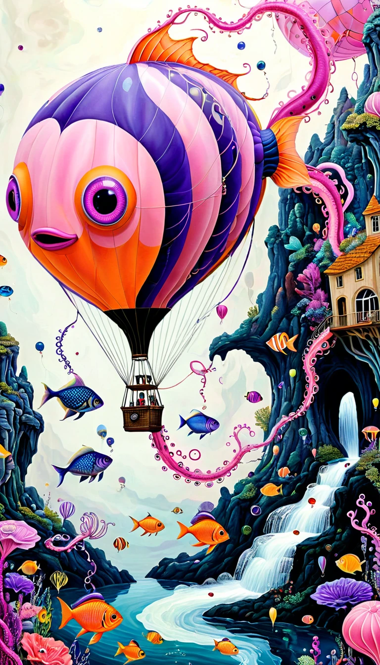 "Dick Ellescas Artist Style",Fish Hot Air Balloon,Tentacles Waterfall,Pink beauty fish、fish,Tentacles,bird、Eye、Bubble Squeeze、autistic patient、diatom,Spiral Staircase,Stitching together an abstract painting,Describing the inner world of autistic people,Sense of space,White Space,interesting,Innocence,Psychedelic Art,pink theme,Bold contrasts,Purple and Orange
