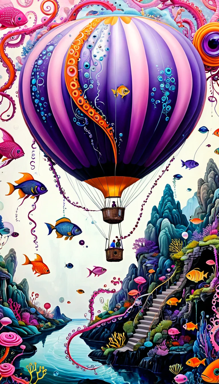 &quot;???? Ellescas Artist Style&quot;,Fish Hot Air Balloon，Tentacles Waterfall，Pink beauty fish、fish，Tentacles，bird、Eye、Bubble Squeeze、autistic patient、diatom，Spiral Staircase，Stitching together an abstract painting，Describing the inner world of autistic people，Sense of space，White Space，interesting，Innocence，Psychedelic Art，pink theme，Bold contrasts，Purple and Orange