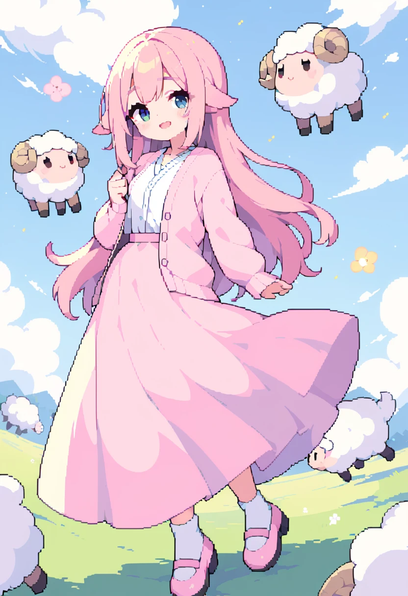 masterpiece, Highest quality, 8K, Pixel art, Pixel Art, vivid, woman, 若いwoman, 大きなsheepにまたがっている, smile, kawaii, Facing at an angle, Mouth open, Fluffy hair, Long Hair, sheepの毛のような髪, Pink Hair, Eyebrow, 太いEyebrow, one piece, Pink clothes, Long skirt, Fluttering, cardigan, 水色のcardigan, shoes, 茶色いshoes, grassland, sheep, もこもこのsheep, 大きいsheep, sheepの群れ, sheepに乗っている,