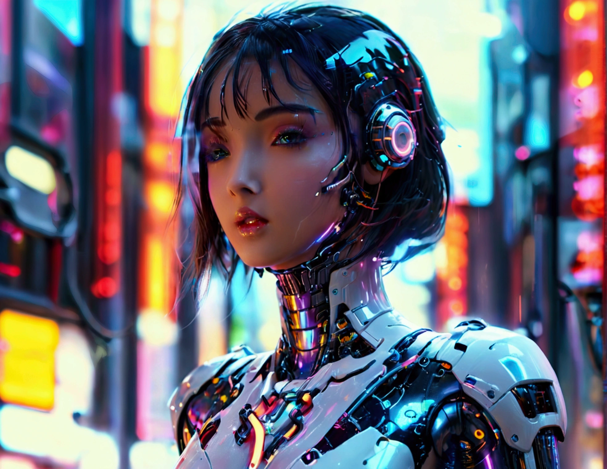 a cute woman, sexy skin-tight bodysuit, cybernetic data-ports, neon chrome color scheme, future tokyo, posing next to a matching cyber super mecha, masterpiece, best quality, 8k, hyperrealistic, extremely detailed, cinematic lighting, volumetric fog, dramatic atmosphere, intricate details, photorealistic, digital art, concept art, sci-fi, cyberpunk