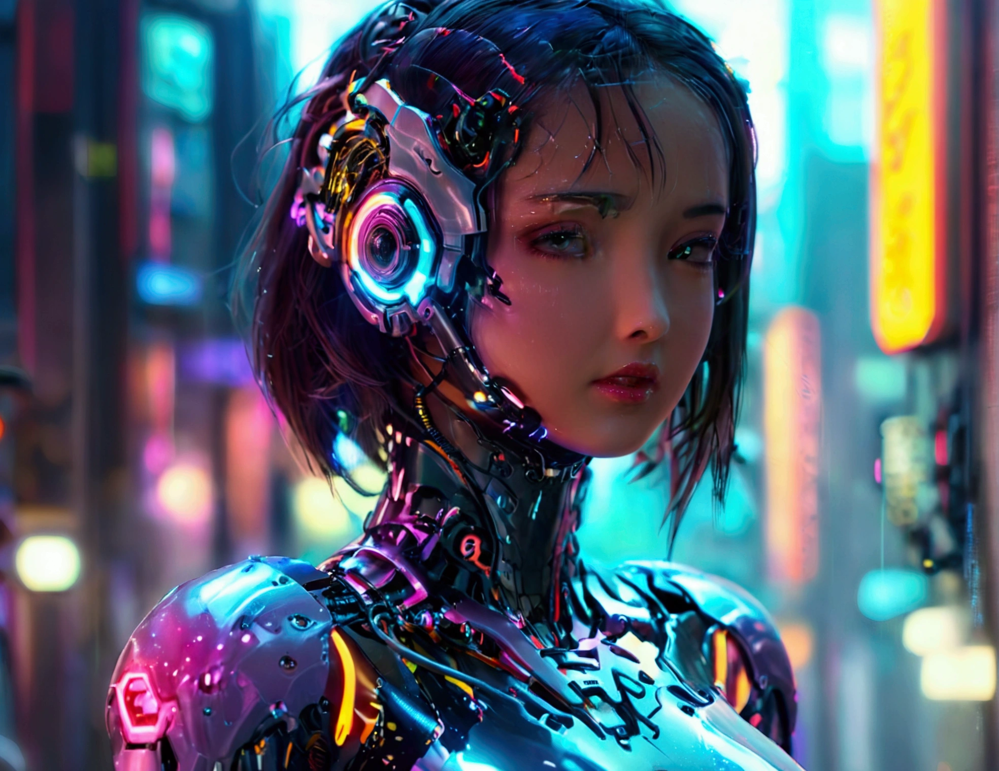 a cute woman, sexy skin-tight bodysuit, cybernetic data-ports, neon chrome color scheme, future tokyo, posing next to a matching cyber super mecha, masterpiece, best quality, 8k, hyperrealistic, extremely detailed, cinematic lighting, volumetric fog, dramatic atmosphere, intricate details, photorealistic, digital art, concept art, sci-fi, cyberpunk