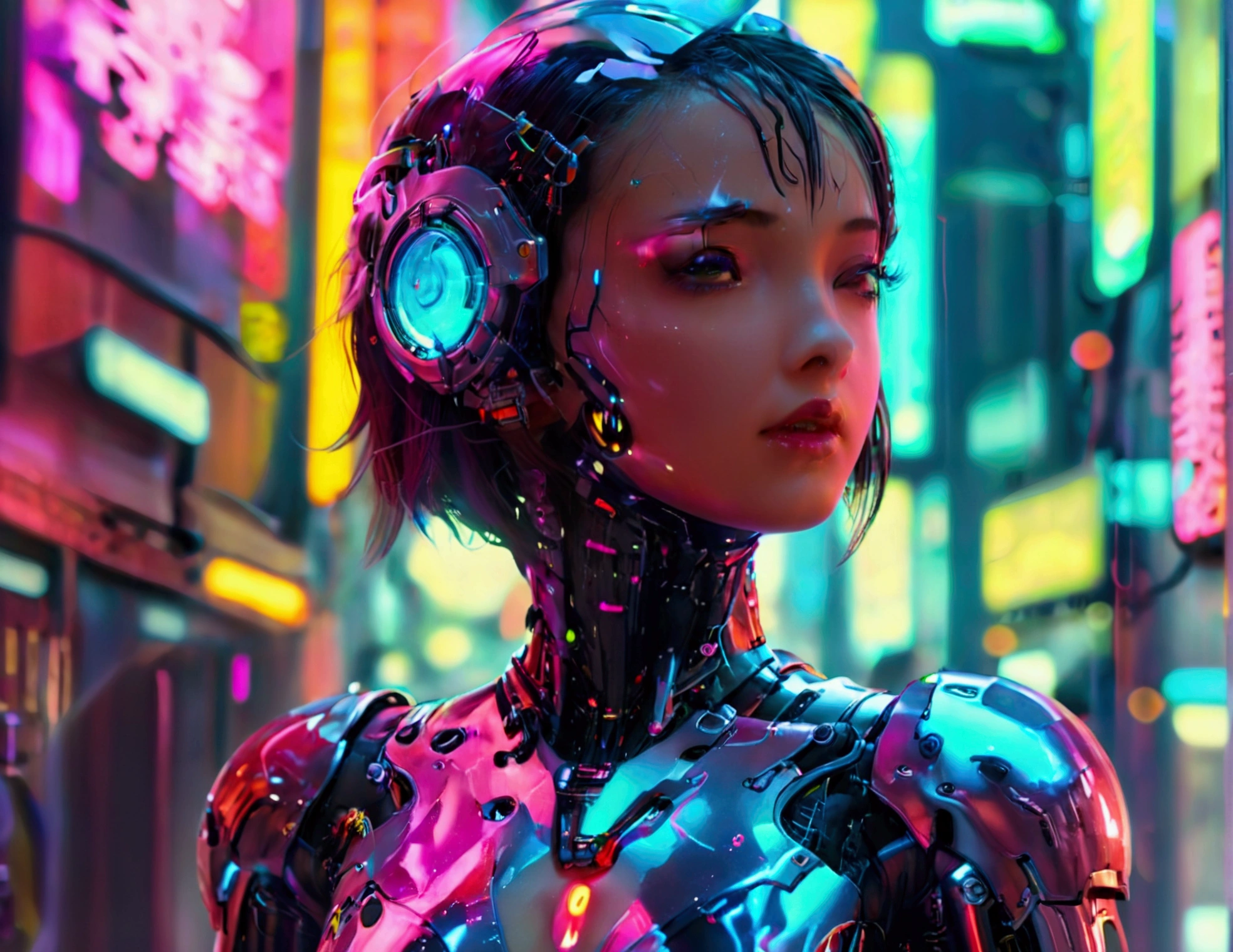 a cute woman, sexy skin-tight bodysuit, cybernetic data-ports, neon chrome color scheme, future tokyo, posing next to a matching cyber super mecha, masterpiece, best quality, 8k, hyperrealistic, extremely detailed, cinematic lighting, volumetric fog, dramatic atmosphere, intricate details, photorealistic, digital art, concept art, sci-fi, cyberpunk
