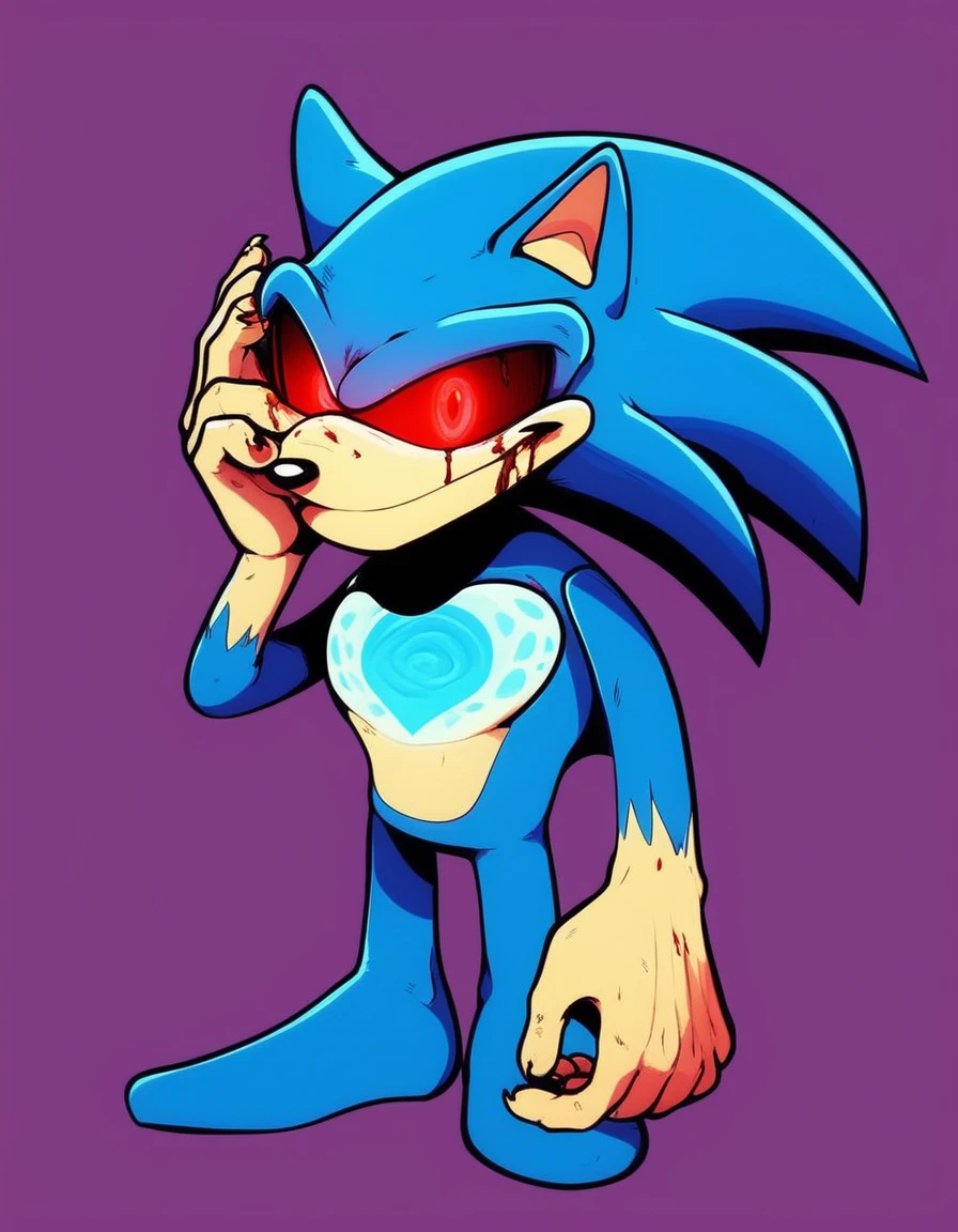 spoopy_sonic, solo, smile, simple background, red eyes, 1boy, animal ears, blue hair, standing, full body, male focus, glowing, glowing eyes, furry, purple background, furry male, body fur, animal nose, blue fur, sonic the hedgehog, short, scary eyes, bloody tears