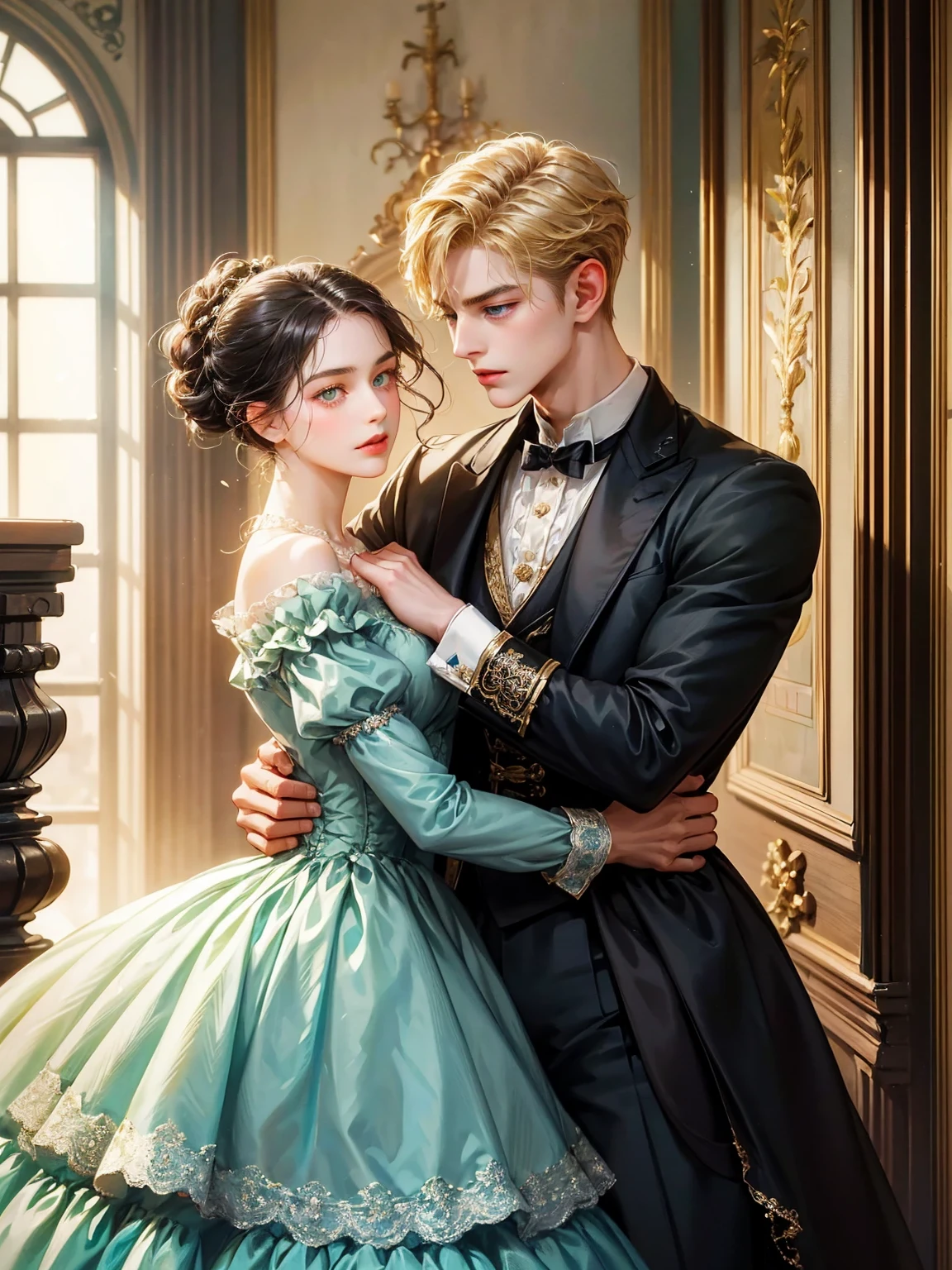 The boy has short blonde hair, sky blue eyes. No Asian somatic traits. He looks at the viewer. He wears a male Victorian era dress. Background inside of a hall
