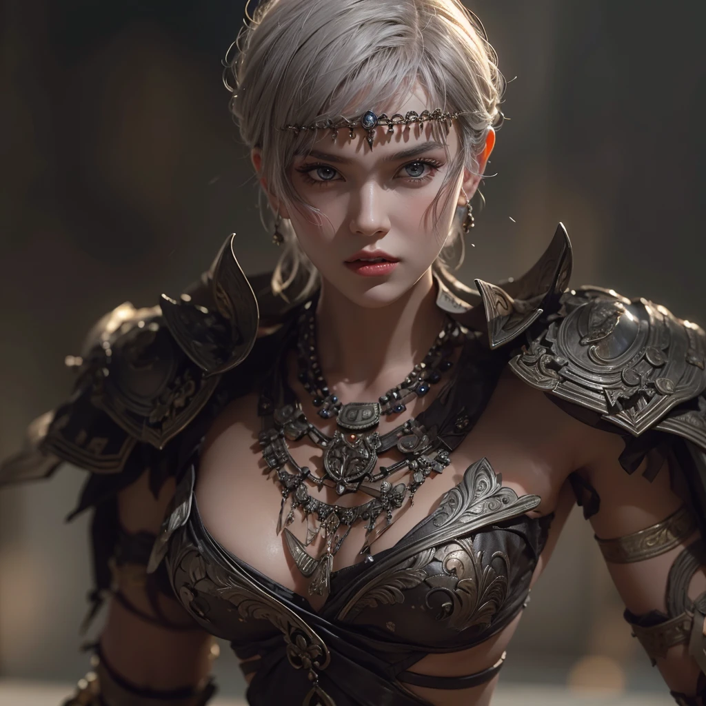 Woman in ancient battle attire、Serious expression、Short-haired、Deadly position, Gorgeous Necklace, Beautiful and seductive woman, Realistic and perfect body, Perfect body with realistic shadows, A woman with reptilian eyes and fangs:1.5、8K