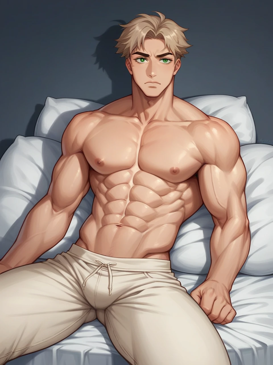 She is a woman of 50 years old,he has an oval face with green eyes, thin lips and a watery nose, he has light brown hair, fine eyebrows, a different physique with round shoulders, large strong arms, a broad and powerful chest, abs of steel and long and muscular legs, yes found at home in front of his bed, the photo must to be realistic