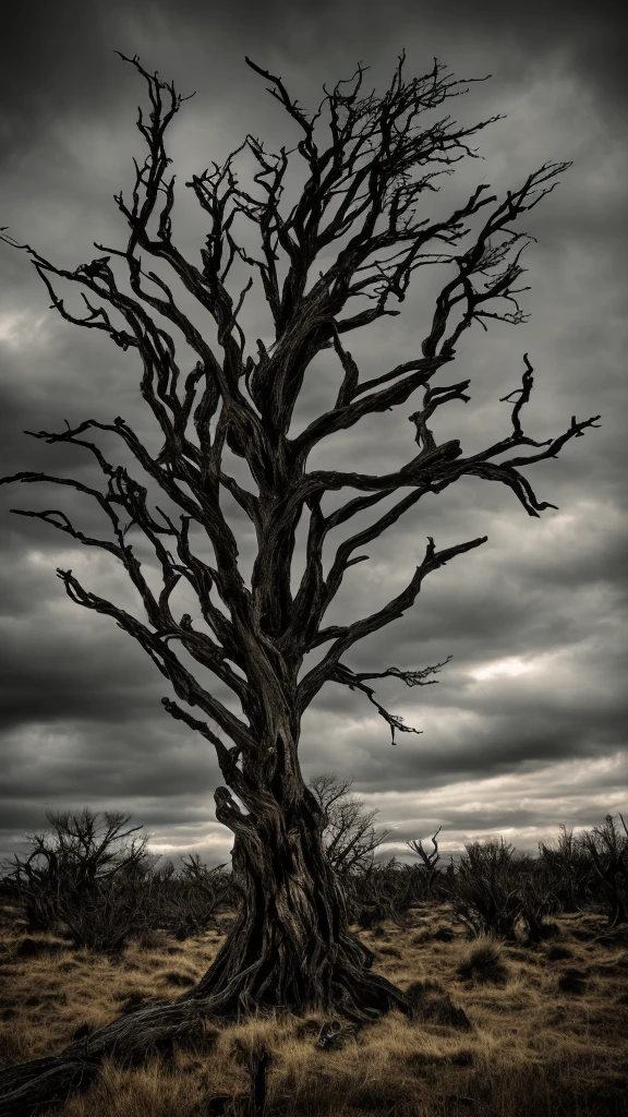 a dead twisted tree, dead bare tree branches, gnarled and weathered tree trunk, bleak desolate landscape, dramatic lighting, moody and somber atmosphere, apocalyptic scene, dramatic sky with dark clouds, (best quality,4k,8k,highres,masterpiece:1.2),ultra-detailed,(realistic,photorealistic,photo-realistic:1.37),cinematic composition,dark and haunting,chiaroscuro lighting,muted color palette,gothic horror