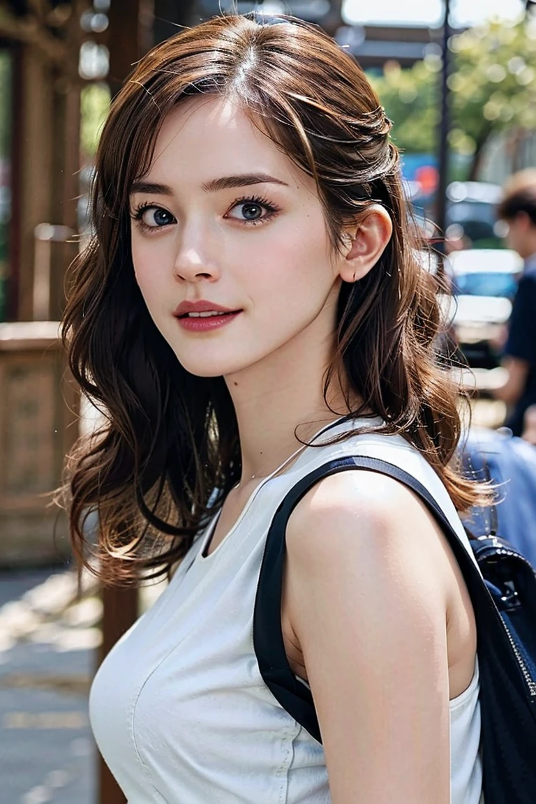(Preserve face images), pale face:1.3、Super thin face:1.3, (very big eyes:1.5)、 (blown eyes:1.5), master piece、8K, {highest quality}, {{masterpiece}}, {very delicate and beautiful}, outstanding light and shadow, highly detailed wallpaper, clear and bright sパフスクロップドオーガニックコットンポロシャツ、Pleated linen blend culottes、Recycled Rubber Sneakers、Upcycled Leather Backpack、Biodegradable Acetate Boxy Regeneration、Eco-friendly shell ring Toothless smile:1,5),  Drinking coffee in a cafe in Shibuya：1.3