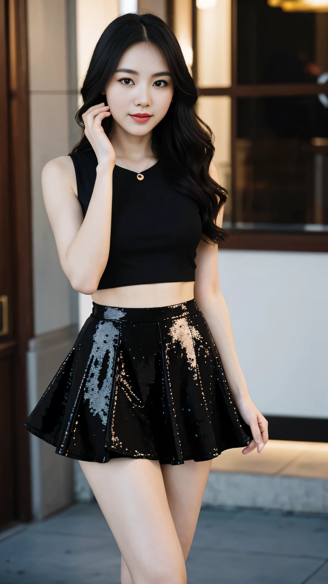 a Chinese woman with beautiful Delicate eyes, Beautiful and delicate lips, Extremely detailed face and skin, Pale skin, 23 years old, black sequined skirt, skirt, high heels, medium long shot, dancing in the dance hall, beautiful lights, sexy figure, long legs, full body portrait. Beautiful photography,Long eyelashes, Good anatomy , Practical skin texture, Delicate eyes, professional, 4K, Wide-angle lens, Optical Depth of Field, Kodak Vision Color, Perfectly proportioned body, Extremely detailed, ultra-photoPractical, Practical, Post-Processing, Maximum details, Roughness, real life, ultra -Practical, Photorealism, photography, 8K Ultra HD, photography