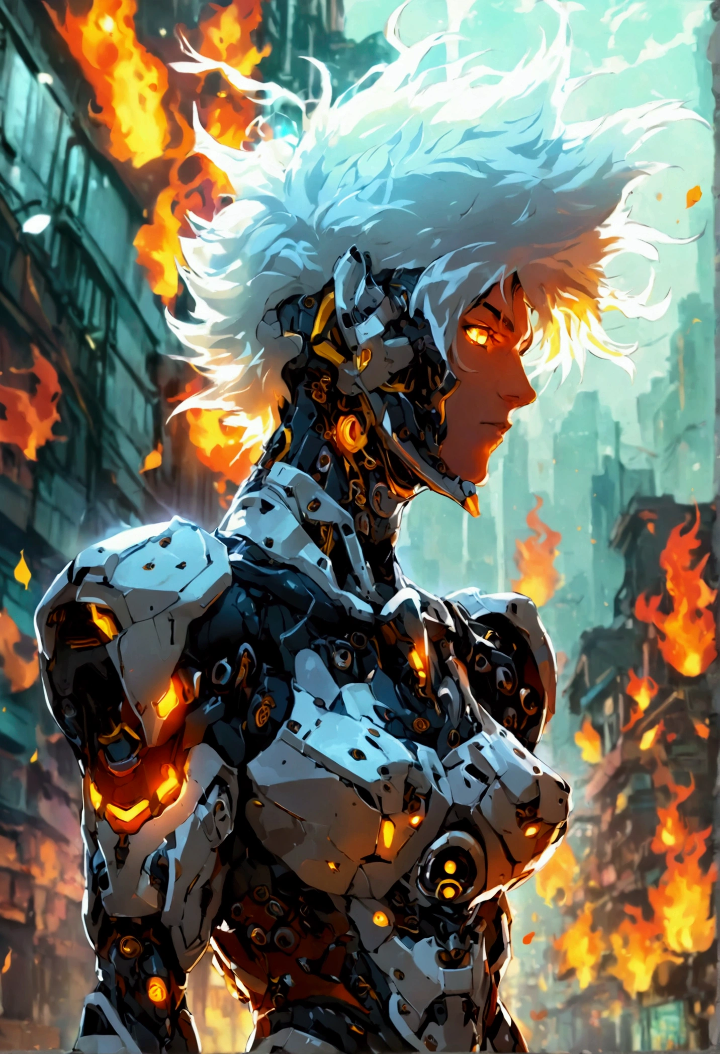 Masterpiece, Best Quality, Ultra High Resolution, Sunlight, Full Body character sheet, radiant aura, Dynamic Poses, Delicate Face, Vibrant Eyes, Asian Man, spikey white hairstyle, mecha cyber body suit underneath a Karate uniform, Karate belt, mecha Gundam style gloves,  Cybernetic hero on a mech, Dark fantasy Cyber Punk, surrounded by primal animal spirit, flames, Dark Fantasy, Cyberpunk
