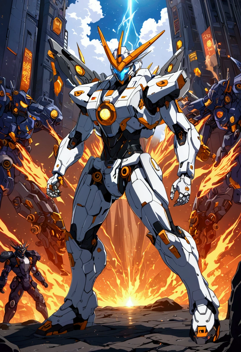 Masterpiece, Best Quality, Ultra High Resolution, Sunlight, Full Body character sheet, radiant aura, Dynamic Poses, Delicate Face, Vibrant Eyes, Asian Man, spikey white hairstyle, mecha cyber body suit underneath a Karate uniform, Karate belt, mecha Gundam style gloves,  Cybernetic hero on a mech, Dark fantasy Cyber Punk, surrounded by primal animal spirit, flames, Dark Fantasy, Cyberpunk
