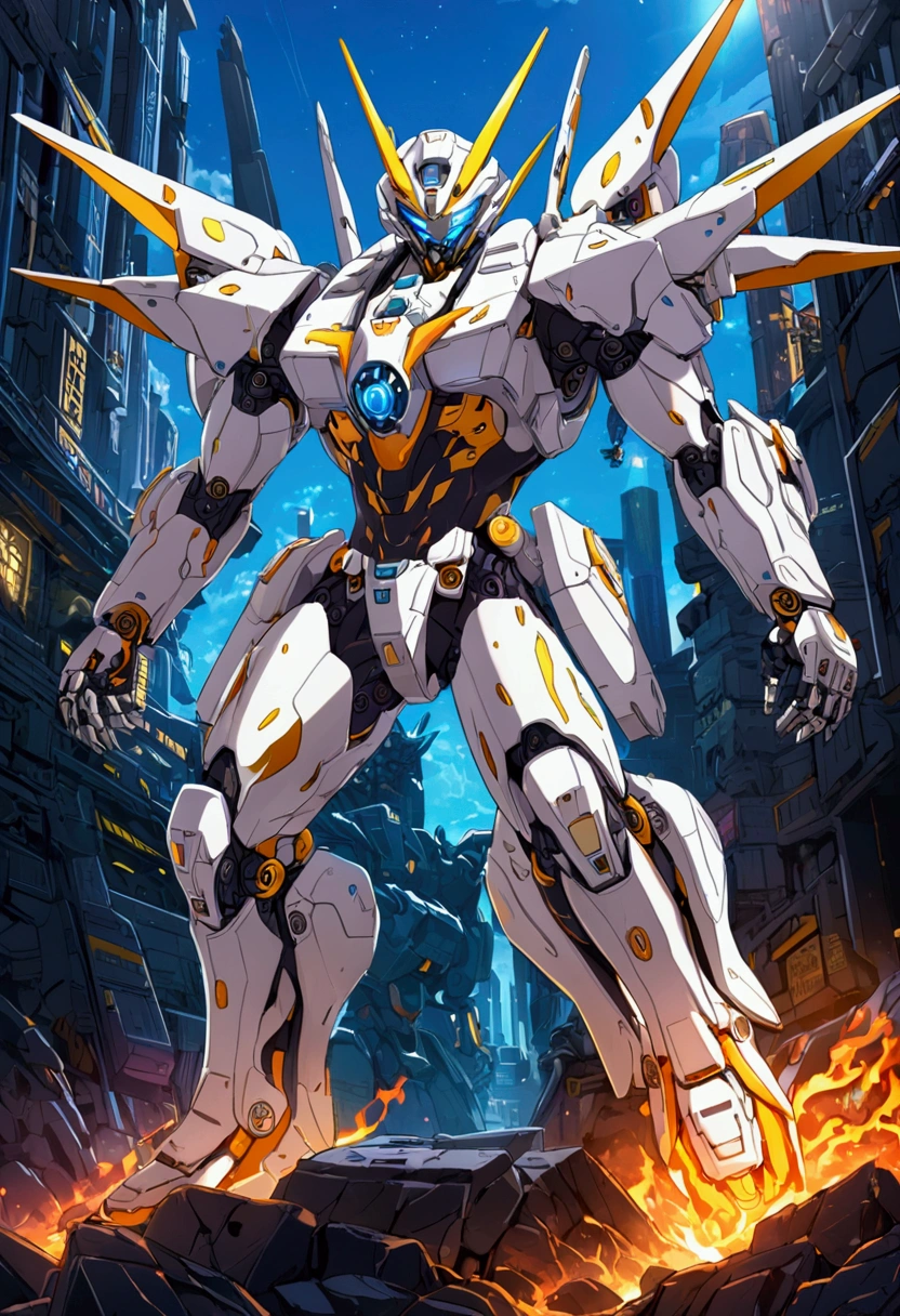 Masterpiece, Best Quality, Ultra High Resolution, Sunlight, Full Body character sheet, radiant aura, Dynamic Poses, Delicate Face, Vibrant Eyes, Asian Man, spikey white hairstyle, mecha cyber body suit underneath a Karate uniform, Karate belt, mecha Gundam style gloves, Cybernetic hero on a mech, Dark fantasy Cyber Punk, surrounded by primal animal spirit, flames, Dark Fantasy, Cyberpunk
