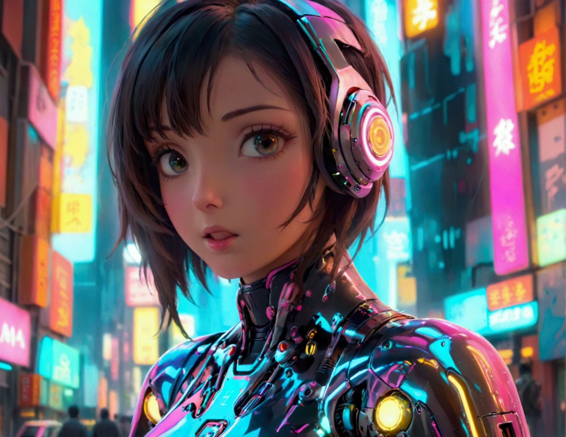 a cute woman, sexy skin-tight bodysuit, cybernetic data-ports, neon chrome color scheme, future tokyo, posing next to a matching cyber super mecha, masterpiece, best quality, 8k, hyperrealistic, extremely detailed, cinematic lighting, volumetric fog, dramatic atmosphere, intricate details, photorealistic, digital art, concept art, sci-fi, cyberpunk