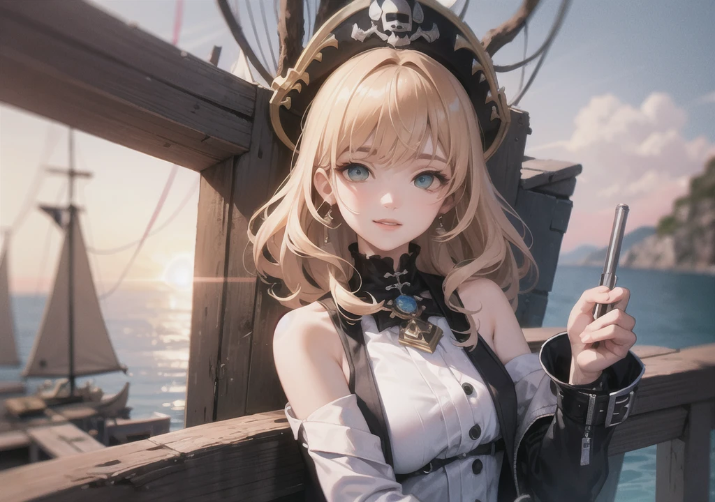 Realistic photos, Focus distance 10mm, A big smile, Curly blonde hair, Beautiful girl, Realistic photos, Focus distance 10mmで撮影, masterpiece, 最high quality, high quality, Very detailed CG 8k wallpaper unit, Award-winning photography, Bokeh, Depth of written boundary, High resolution, bloom, chromatic aberration, Realistic, Very detailed, Art Station Trends, CGsociety Trends, Complex, High detail, dramatic, Art on the go, volumetric lighting, Final Fantasy style beautiful girl、Green Eyes、Long wavy blue hair、Pirate costumes、Rough waves and pirate ship in the background
