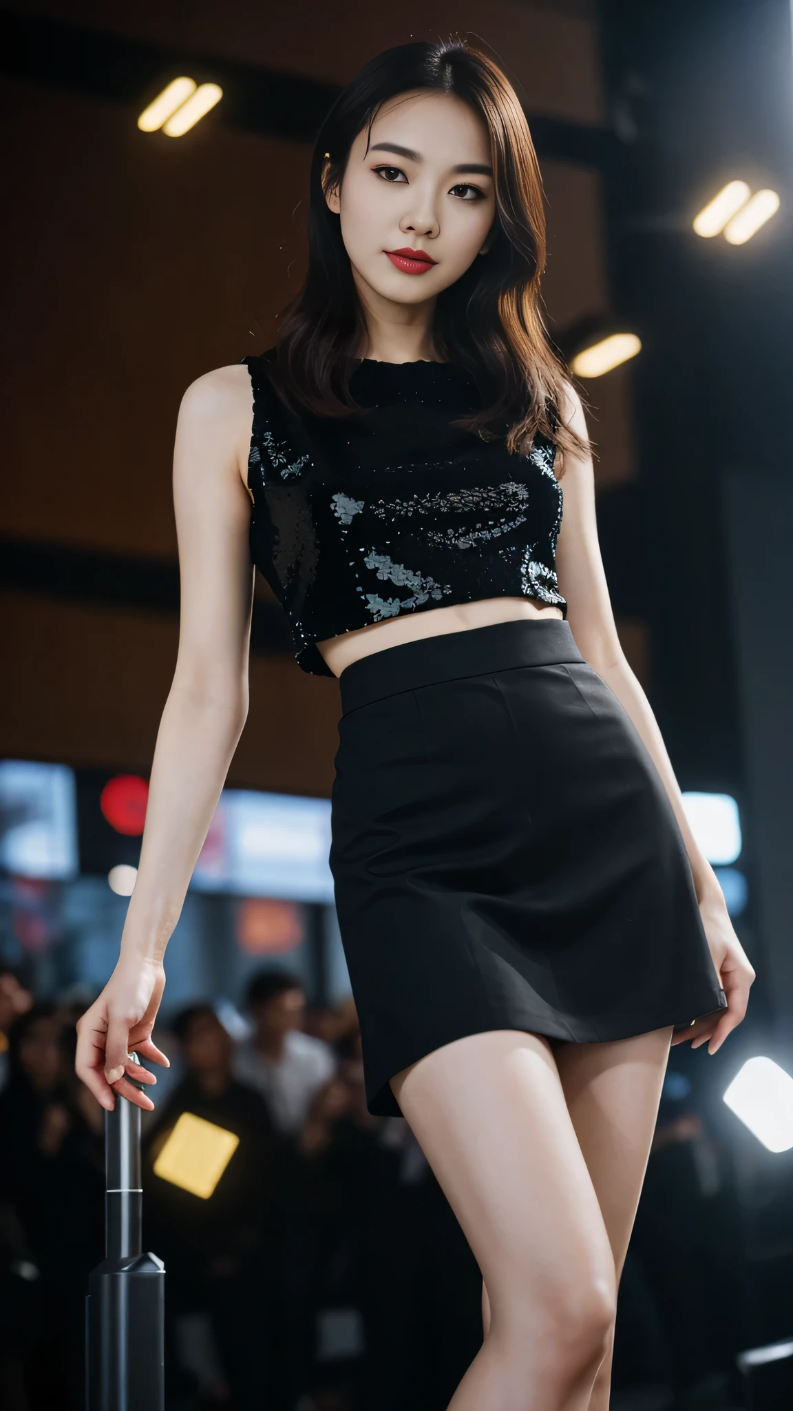 a Chinese woman with beautiful Delicate eyes, Beautiful and delicate lips, Extremely detailed face and skin, Pale skin, 23 years old, black sequined skirt, skirt, high heels, medium long shot, dancing in the dance hall, beautiful lights, sexy figure, long legs, full body portrait. Beautiful photography，Long eyelashes, Good anatomy , Practical skin texture, Delicate eyes, professional, 4K, Wide-angle lens, Optical Depth of Field, Kodak Vision Color, Perfectly proportioned body, Extremely detailed, ultra-photoPractical, Practical, Post-Processing, Maximum details, Roughness, real life, ultra -Practical, Photorealism, photography, 8K Ultra HD, photography