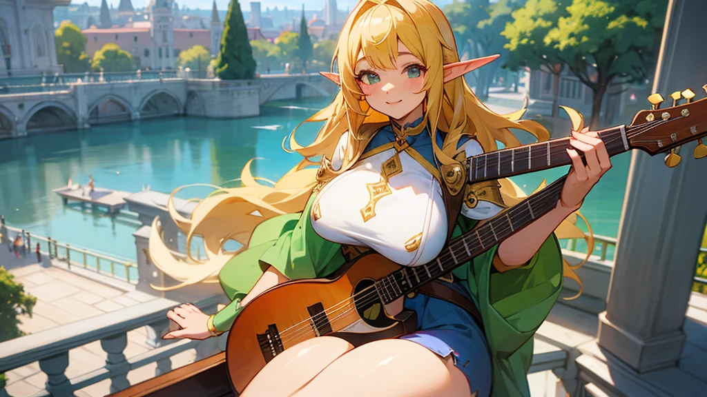Thick thighs,Anime Style,A detailed background with many people,Magical World,A lively balcony with many people,Smiling bard beautiful elf girl,guitar,Large Breasts