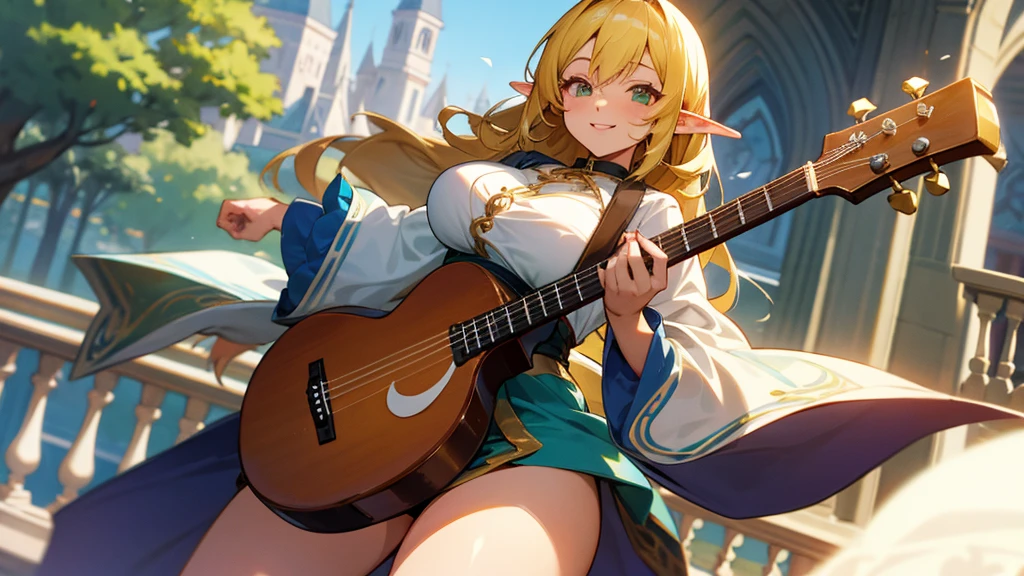 Thick thighs,Anime Style,A detailed background with many people,Magical World,A lively balcony with many people,Smiling bard beautiful elf girl,guitar,Large Breasts