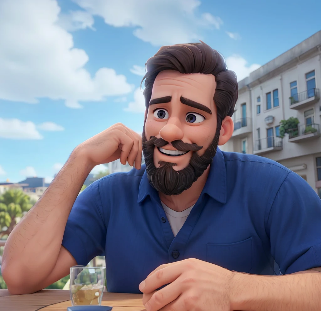 A man with a short beard and dark hair is sitting at an outdoor table, wearing a blue shirt. He has a smile on his face and his hands are resting on the edge of the table. In the background, there's a building with a balcony adorned with white decorations. The sky is partly cloudy, suggesting it might be late afternoon or early evening.