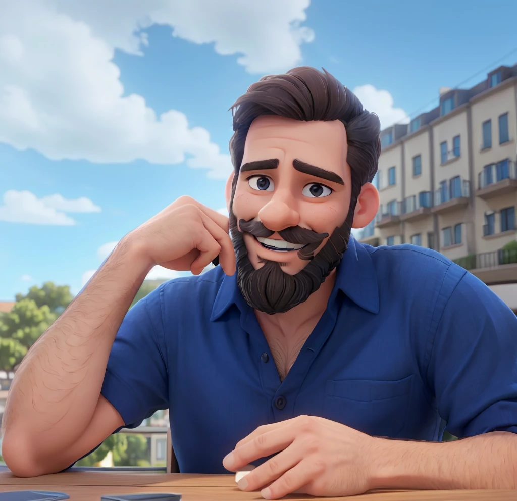 A man with a short beard and dark hair is sitting at an outdoor table, wearing a blue shirt. He has a smile on his face and his hands are resting on the edge of the table. In the background, there's a building with a balcony adorned with white decorations. The sky is partly cloudy, suggesting it might be late afternoon or early evening.