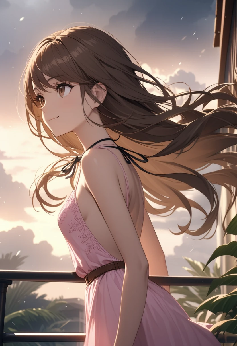 light particles, soft lighting, volumetric lighting, intricate details, finely detailed, 1 young woman, smile, solo, brown hair, very long hair, swept bangs, brown eyes, long eyelashes, thick eyelashes, looking out at sky, hands on railing, pink summer dress with thin straps tied behind neck, backless dress, brown belt, dagger sheathe, toned arms, small breasts, tropical, balcony background, morning, plants, from side, storm clouds, windy,
