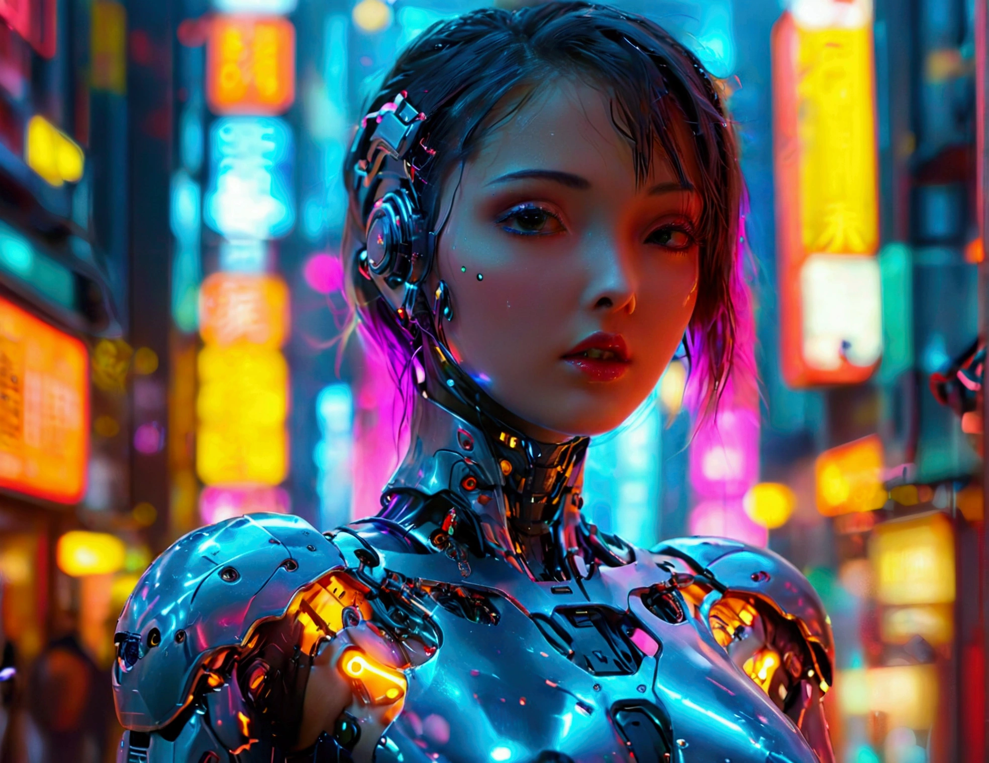 cyberpunk girl, glowing wires, dark city, reflective puddles, neon signs,, Photorealistic, Hyperrealistic, Hyperdetailed, analog style, soft lighting, subsurface scattering, realistic, heavy shadow, masterpiece, best quality, ultra realistic, 8k, golden ratio, Intricate, High Detail, film photography, soft focus, RAW candid cinema, 16mm, color graded portra 400 film, remarkable color, ultra realistic,