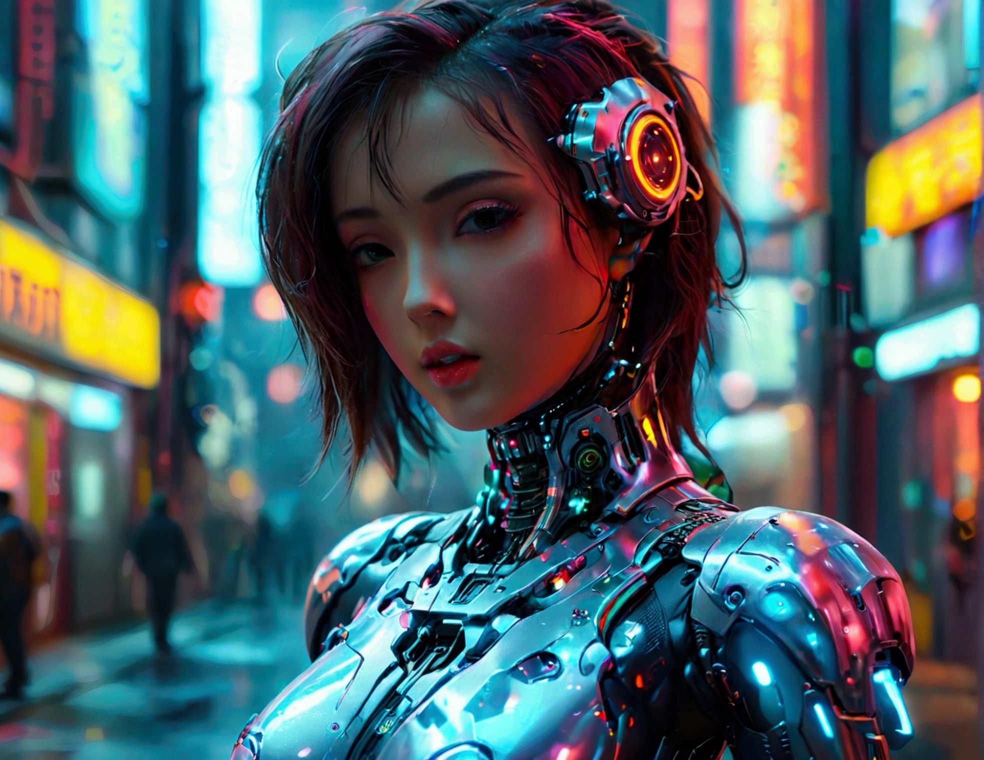 a cute woman, sexy skin-tight bodysuit, cybernetic data-ports, neon chrome color scheme, future tokyo, posing next to a matching cyber super mecha, masterpiece, best quality, 8k, hyperrealistic, extremely detailed, cinematic lighting, volumetric fog, dramatic atmosphere, intricate details, photorealistic, digital art, concept art, sci-fi, cyberpunk