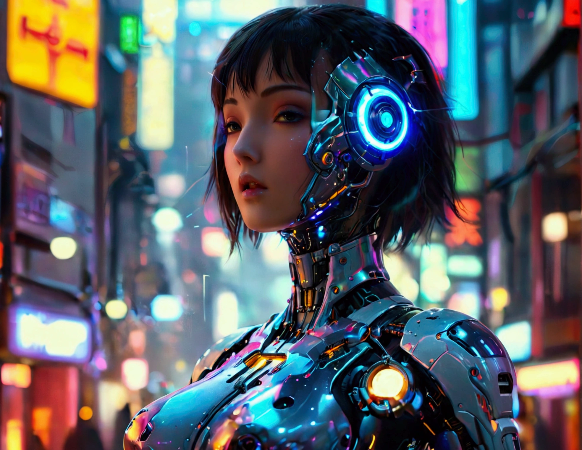 a cute woman, sexy skin-tight bodysuit, cybernetic data-ports, neon chrome color scheme, future tokyo, posing next to a matching cyber super mecha, masterpiece, best quality, 8k, hyperrealistic, extremely detailed, cinematic lighting, volumetric fog, dramatic atmosphere, intricate details, photorealistic, digital art, concept art, sci-fi, cyberpunk
