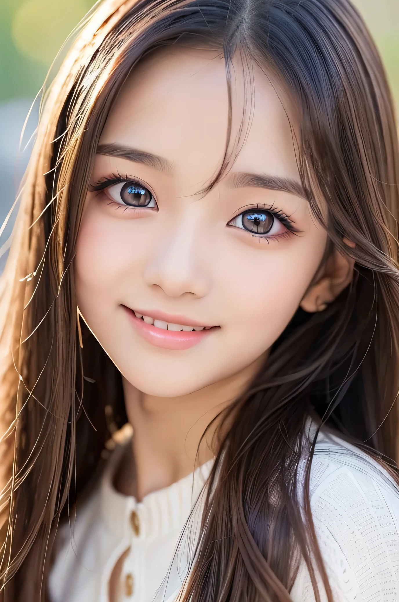 (Very beautiful  cute girl), (very  cute face:1.2),13 yo, (sparking crystal clear attractive large eyes:1.1), best looks, Beautiful detailed eyes, Detailed double eyelids, (smiling), (realistic photograph:1.2), long straight hair