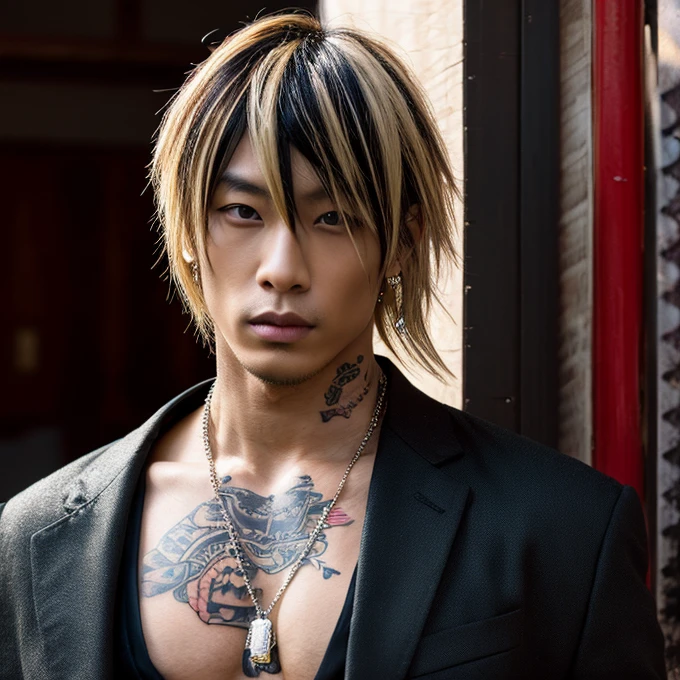1 man, Japanese man, male, Asian eyes, muscular, broad shoulders, yakuza tattoos, hairstyle Visual Kei style, hair Visual Kei, black men's shirt and black pants, ultra detailed face, hyperrealistic, realistic representation, long hair, long hair, 30 years old, age 30 years, blond, blonde hair