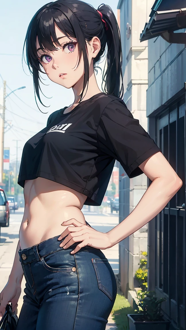 ((Highest quality)), ((masterpiece)), (be familiar with), Perfect Face((Highest quality)), ((masterpiece)), (be familiar with), Perfect Face(Highest quality)), ((masterpiece)), (be familiar with), Perfect Face(Highest quality)), ((masterpiece)), (be familiar with), Perfect Face,stunningly realistic, Realistic, Photorealism, 1 Girl,Hyuuga Hinata, Purple eyes, Black Hair, big , bikini, Skinny jeans, Put your arms behind your back