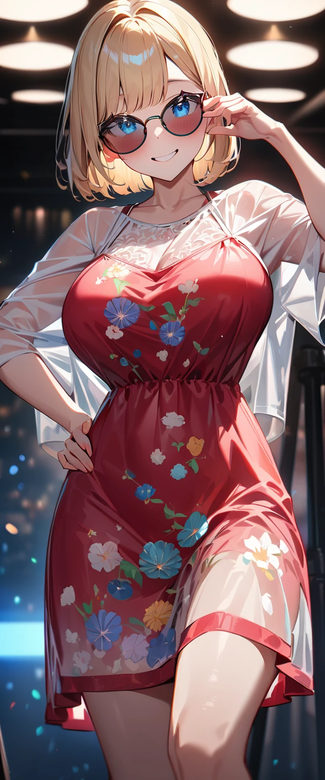 (((One Girl))), Blonde, Bobcut, (Cowboy Shot), ((sunglasses, hand to sunglasses)), (View your viewers), Focus on the face, teenager, Tilt your head:1.3, (((blue eyes))), ((Smile)), ((blush)), Contrasting, Place one hand on hip, (((Exposed skin))), School summer clothes, (((Large Breasts))), White shirt, ((See-through clothing:1.3)), skirt, , Anime Style, (Highest quality, 4K, 8K, High resolution, masterpiece:1.2, Super detailed, Super detailed eyes, High resolution, 超High resolution, Studio Lighting, Ultra-fine painting, Sharp focus, Physically Based Rendering, Very detailed explanation, Professional, Vibrant colors, Bokeh)