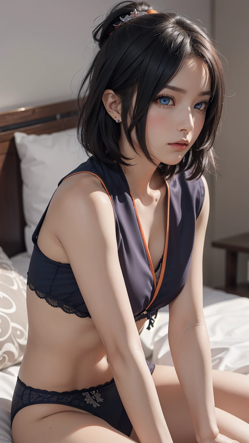 girl , Girl  ,  , short hair, hair ornament, blue hair, legs , sitting on the bed , small, panties, bra, Sexual тело , underwear, Sexual , bra, panties, one flower, hair цветок, (orange eyes:1.2), (labret piercing:1.2), eyeshadow, (Akatsuki uniform:1.5), Akatsuki \(naruto\),BREAK (masterpiece:1.2), Best quality, A high resolution, unity 8k wallpaper, (illustration:0.8), (beautiful detailed eyes:1.6), very detailed face, perfect lighting, extremely detailed computer graphics, (perfect hands, Ideal Anatomy),