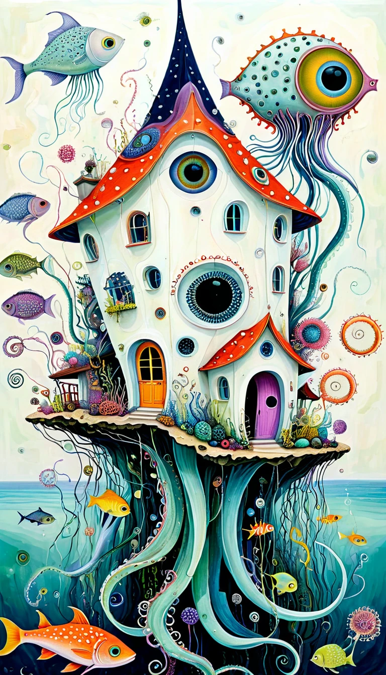 "Dick Ellescas Artist Style",A strange house on a calm sea,fish,,Tentacles,Eye、diatom,Stitching together an abstract painting,Describing the inner world of autistic people,Sense of space,White Space,interesting,Innocence,Psychedelic Art,theme