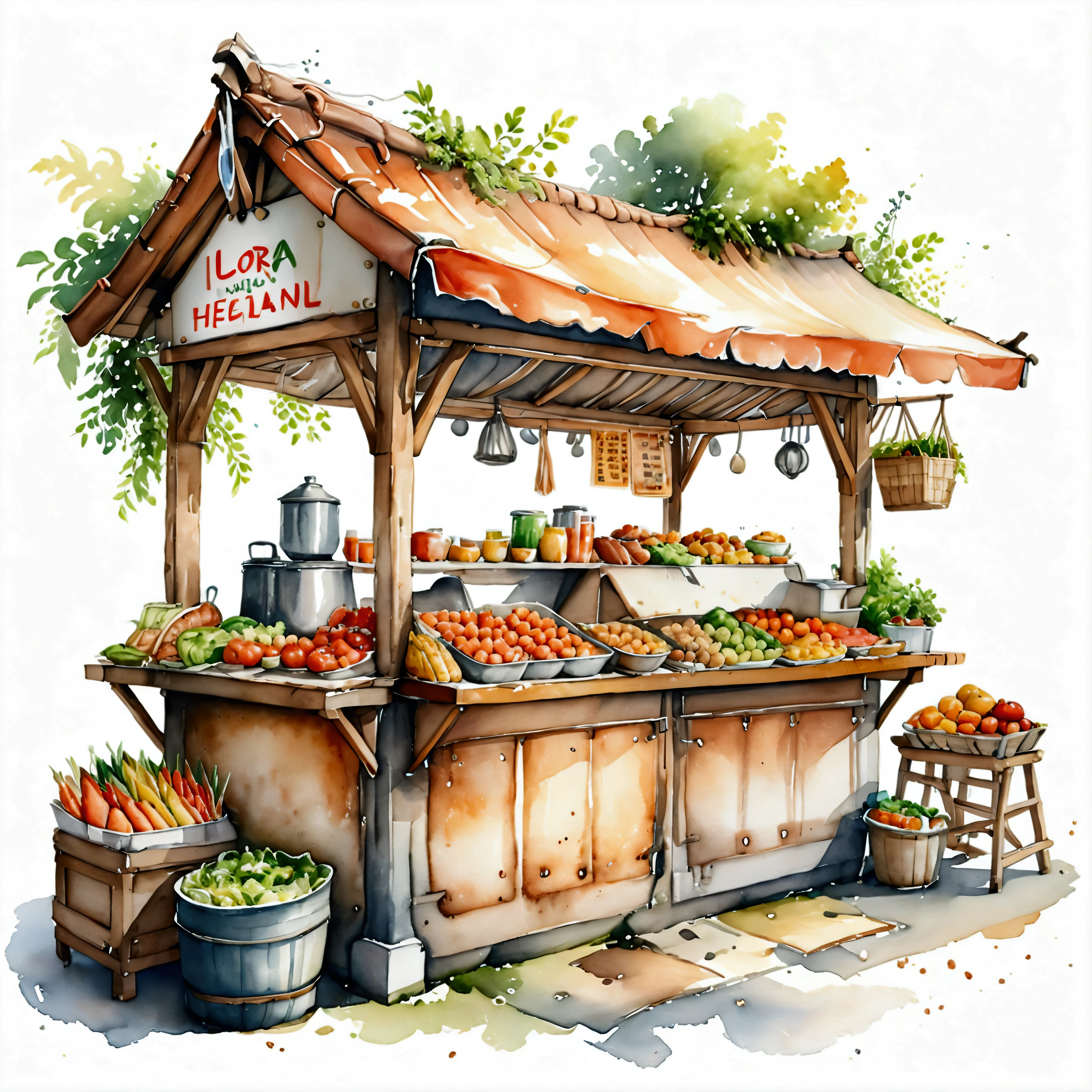 traditional food stall of healthy food, illustration, isolated with solid white background, surrounded with negative space, centered composition, 8k, highest detailed painting, very precise painting, Isolated, clear solid white background, perspective angle of view, cartoon style, ((watercolor:1)), clip art, (lora:add-detail-xl:1), (masterpiece), (best quality),