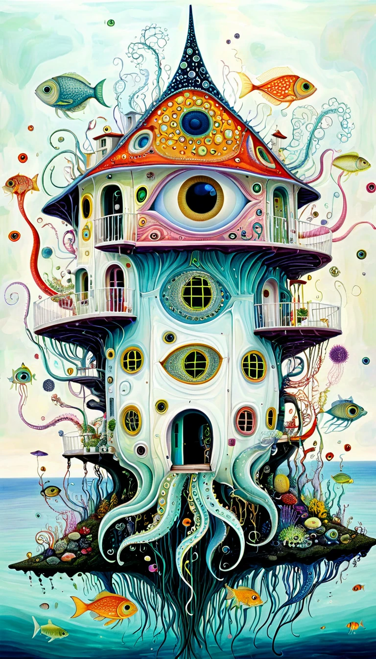 &quot;Dick Ellescas Artist Style&quot;,A strange house on a calm sea，fish，，Tentacles，Eye、diatom，Stitching together an abstract painting，Describing the inner world of autistic people，Sense of space，White Space，interesting，Innocence，Psychedelic Art，theme