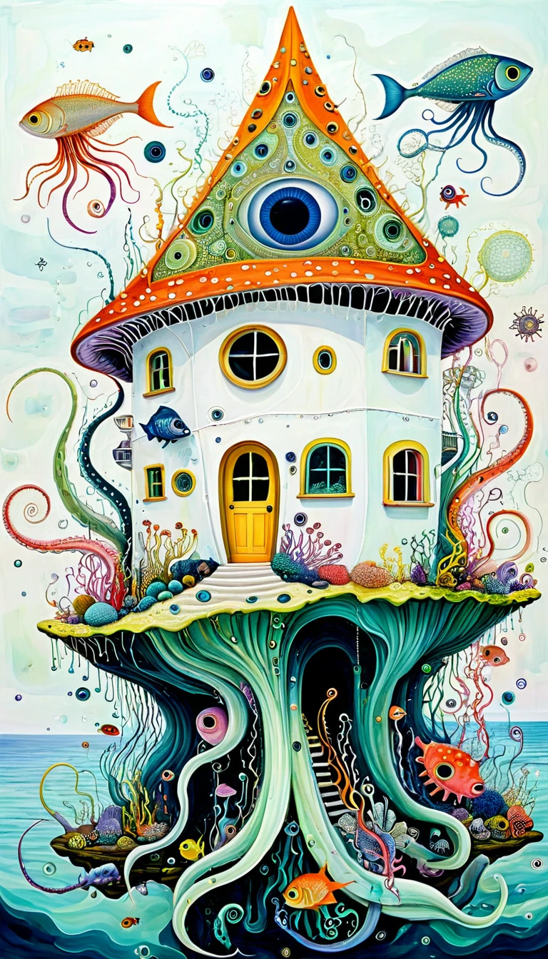 "???? Ellescas Artist Style",A strange house on a calm sea,fish,,Tentacles,Eye、diatom,Stitching together an abstract painting,Describing the inner world of autistic people,Sense of space,White Space,interesting,Innocence,Psychedelic Art,theme