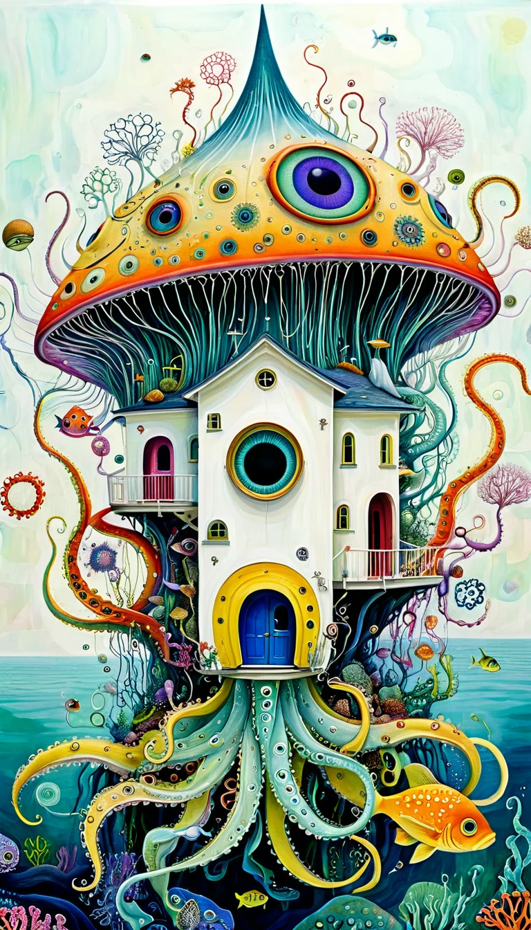 "Dick Ellescas Artist Style",A strange house on a calm sea,fish,,Tentacles,Eye、diatom,Stitching together an abstract painting,Describing the inner world of autistic people,Sense of space,White Space,interesting,Innocence,Psychedelic Art,theme