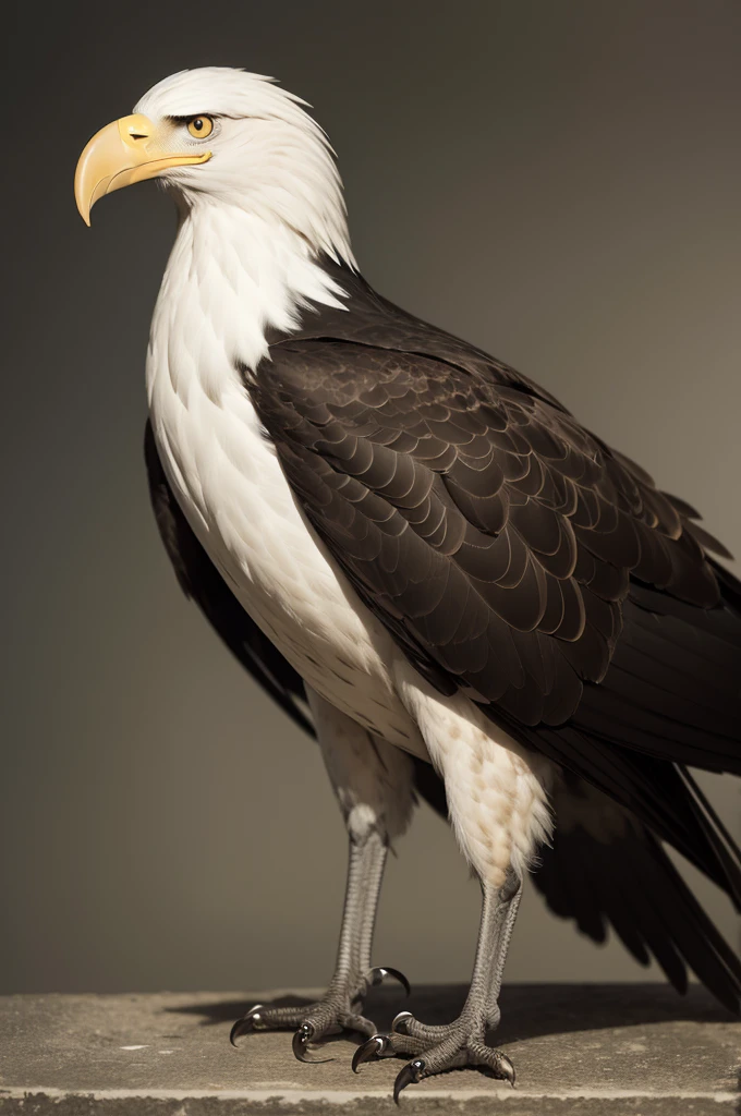 A man-bird hybrid, eagle-legged, beak for a mouth. Wearing a black overcoat, monocle in his right eye, earrings in his ears
