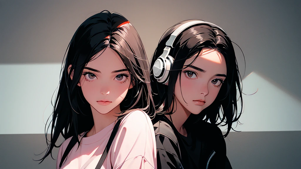 High resolution,Super detailed,Realistic,Portraiture,White women,18-year-old,Black Hair, bangs,Hazel Iris,Toned Up,Physically slim,Realistic proportions,Anatomically correct,university student,smile, Pink Cheeks; Intimate distance,Dark soft lighting,hiphop girl,Neon Hair,Textured Trim, (masterpiece,Highest quality), lofi, Battle DJ girl in HIPHOP fashion wearing DJ headphones