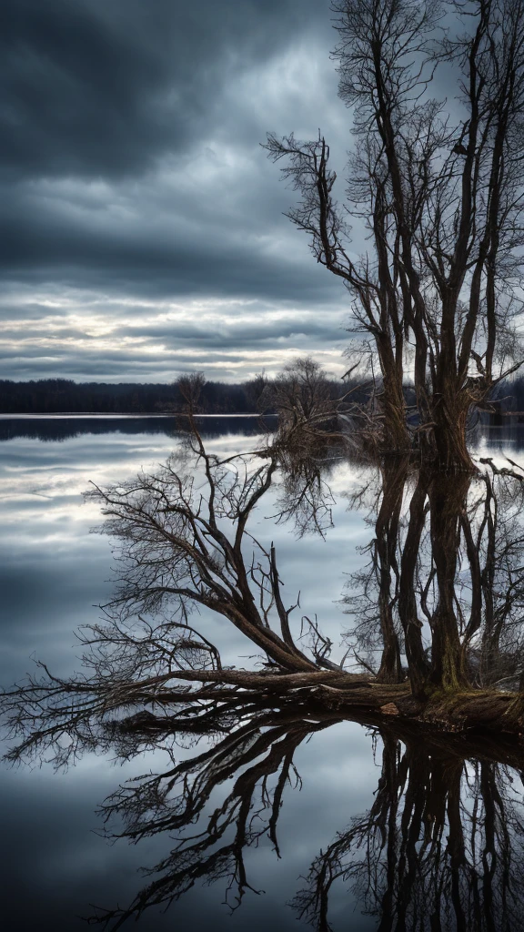 a dead tree on a lake, dark twisted branches reaching up to a cloudy sky, still waters reflecting the gloomy scene, dead tree, lake, cloudy sky, twisted branches, gloomy, still waters, reflection, detailed, photorealistic, 4k, hyper detailed, dramatic lighting, moody atmosphere, cinematic, somber tones, earthy colors