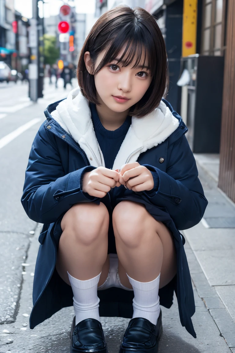 Highest quality, masterpiece, Ultra-high resolution, (Realistic:1.4), Raw photo, Very detailed, Perfect Anatomy, One girl, 12 years old, Most popular Japanese idols, Squat down with your feet tightly together, Put your hand on your cheek, On the streets of Japan in winter, An innocent smile, View your viewers, ((Panty shot, Under the skirt):1.3), (((Wearing white panties))), Detailed white panties, Very beautiful thighs and knees, ((extremely beautiful detailed crotch Wearing white panties)), Very beautiful legs, (She is wearing a navy blue pleated skirt and a brown duffle long coat.), Navy blue pleated skirt with attention to detail, Brown duffle long coat with attention to detail, Wearing black loafers and white socks on both feet, Very cute face like a famous Japanese idol, Very beautiful big black round eyes, Very beautiful black short hair, Cute face with attention to detail, Large, detailed, round black eyes, Detailed beautiful short black hair