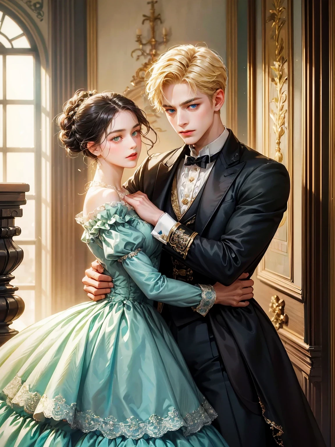 The boy has short blonde hair, sky blue eyes. No Asian somatic traits. He looks at the viewer. He wears a male Victorian era dress. Background inside of a hall
