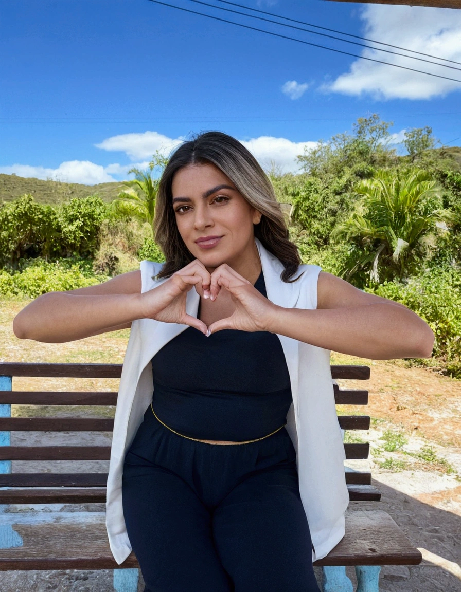 there is a woman making a heart with her hands on a bench, powder Nándor Katona, lorena avarez, carla ortiz, adriana dxim, photoshoot, Julia Fontes, by Amélia Peláez, olivia de bernardinis, Carolina Gariba, fernanda suarez, valentine shuffle, Estefânia Villegas Burgos