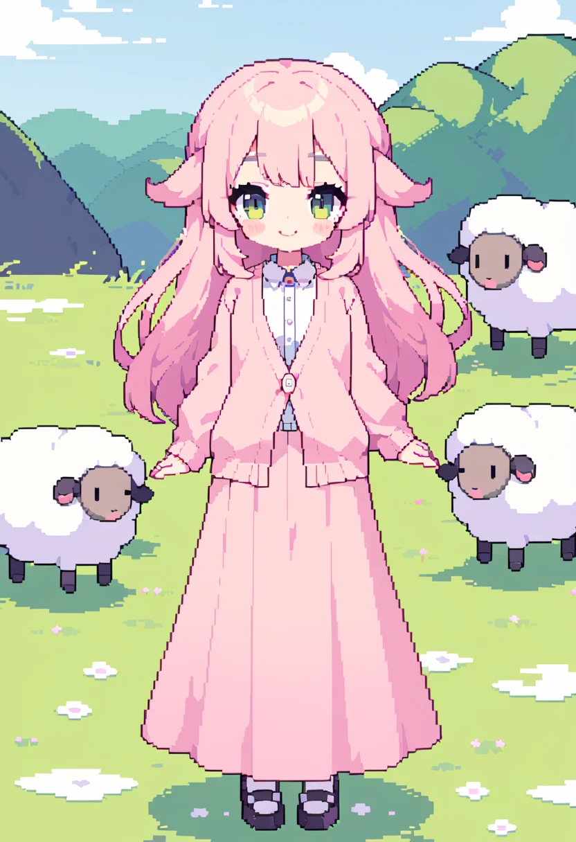masterpiece, Highest quality, 8K, Pixel art, Pixel Art, vivid, woman, 若いwoman, 大きなsheepにまたがっている, sheepの上にwoman, smile, kawaii, Facing at an angle, Mouth open, Fluffy hair:1.5, Cotton candy-like hair, Long Hair, sheepの毛のような髪, Pink Hair, Eyebrow, 太いEyebrow, one piece, Pink clothes, Long skirt, Fluttering, cardigan, 水色のcardigan, shoes, 茶色いshoes, grassland, sheep, もこもこのsheep, 大きいsheep, sheepの群れ, sheepに乗っている,