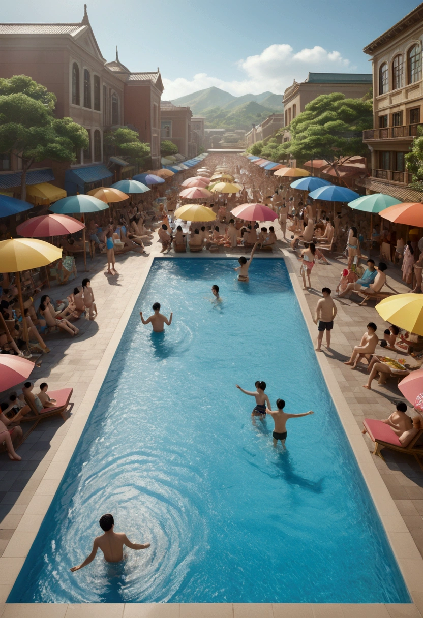 (Pool parties), a vibrant pool  set in a futuristic eco-city, where the latest in aquatic technology seamlessly blends with nature. The pool, a vast, crystal-clear bioluminescent body of water, glows with an iridescent palette that shifts with the underwater currents, casting a dreamy ambiance over the entire scene, full body, (Photography), panoramic view, award-winning, cinematic still, emotional, vignette, dynamic, vivid, (masterpiece, best quality, Professional, perfect composition, very aesthetic, absurdres, ultra-detailed, intricate details:1.3)