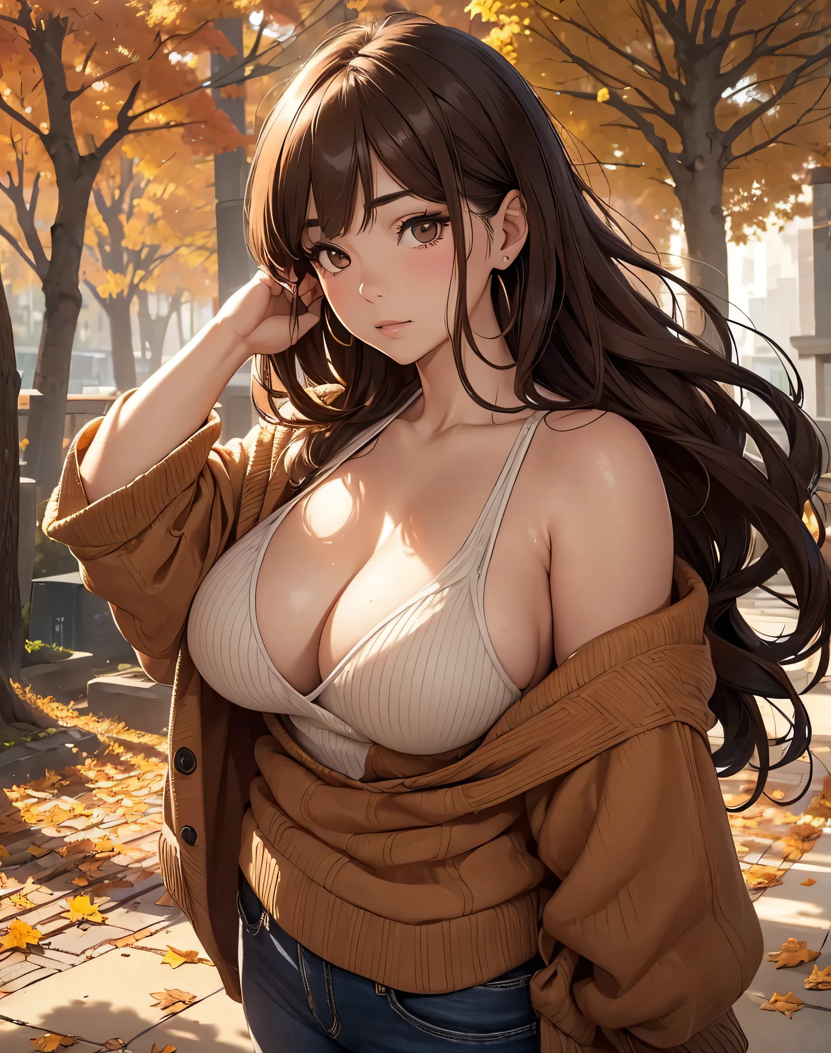 (8K, best quality, masterpiece:1.2), (realistic, photo-realistic:1.37), ultra-detailed, 1 girl, Nobara Kurosawa, natural triple D cup breasts, prominently displayed due to off-shoulder sweater, bubbly ass and round buttocks accentuated by the autumnal city setting, 19 years old, (fall colors:1.2), (leafy trees and rustic tones:1.3), (brown hair:1.1), (long bangs:1.1), (natural makeup:1.2), (flushed cheeks:1.1), (closed mouth:1.1),