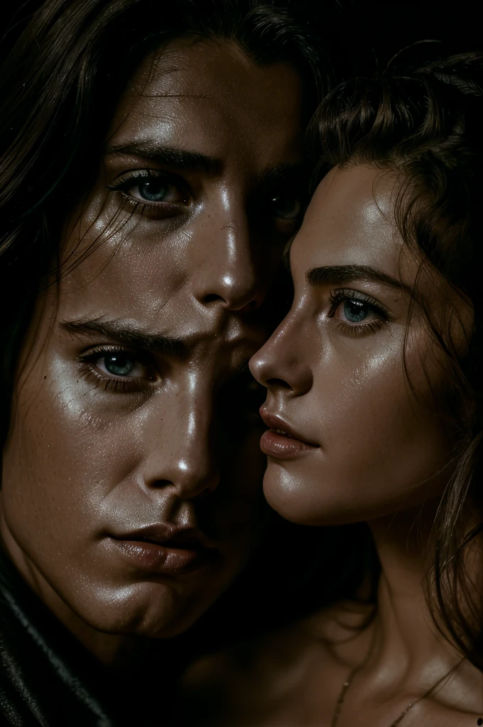 man and woman hugging each other kissing sweaty with an expression of pleasure on a bed in formal clothes looking at each other, portrait style, dark environment (best quality,4K,8K,high resolution,Artwork:1.2),ultra-detailed ,(realistic,photorealistic,photo-realistic:1.37),detailed eyes,detailed lips,extremely detailed face, intense expression,chiaroscuro lighting,moody atmosphere,dramatic shadows,rich colors,cinematic,portrait